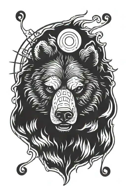 The Head Of An Angry Bear With A Paw And The Sun Above Him