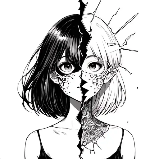 Anime Girl With Broken Glass Mask Split In Half