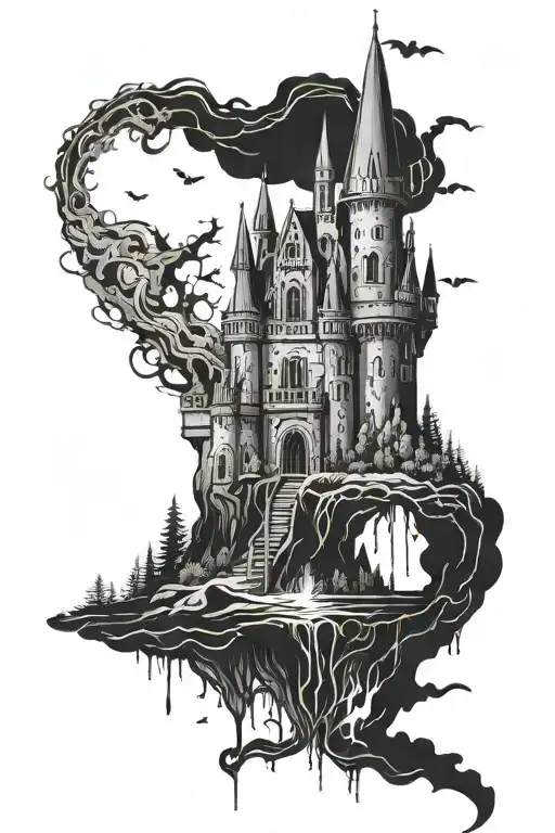 Dark Castle Floating With Witch Casting Spells