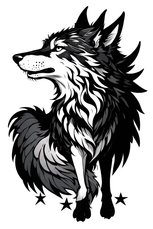 Anime And Western Inspired Design About A Fantasy Wolf With Wings And Stars