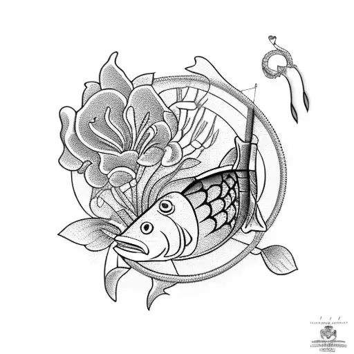 A Detailed Blackwork Tattoo Of A Fishing Lure Surrounded By Blooming Flowers