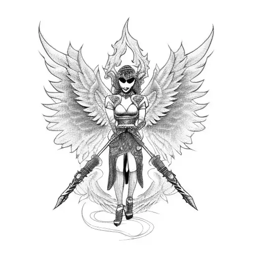 A Winged Angel Riding A Motorcycle With A Flaming Sword