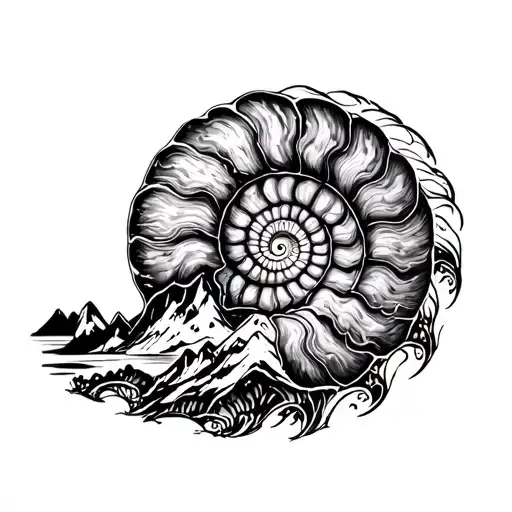 Ammonite And Mountain Landscape