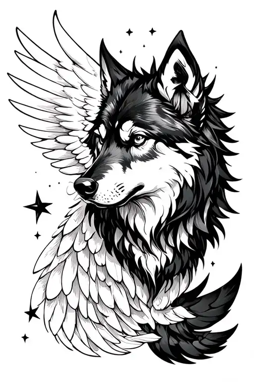 Anime And Western Inspired Design About A Fantasy Wolf With Wings And Stars