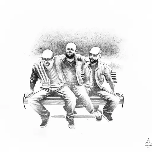 3 Adult Male Friends On A Bench From Behind & Bachha Party Written On The Bench