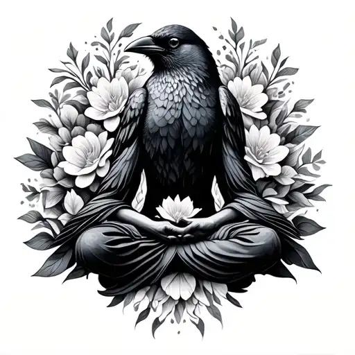 A Serene Meditating Crow Surrounded By Intricate Flowers