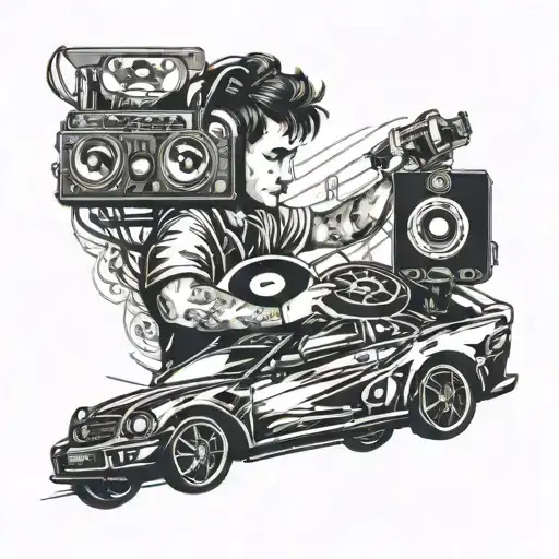 A Music-inspired Tattoo Featuring A Dj Mixing Music While Driving A Car