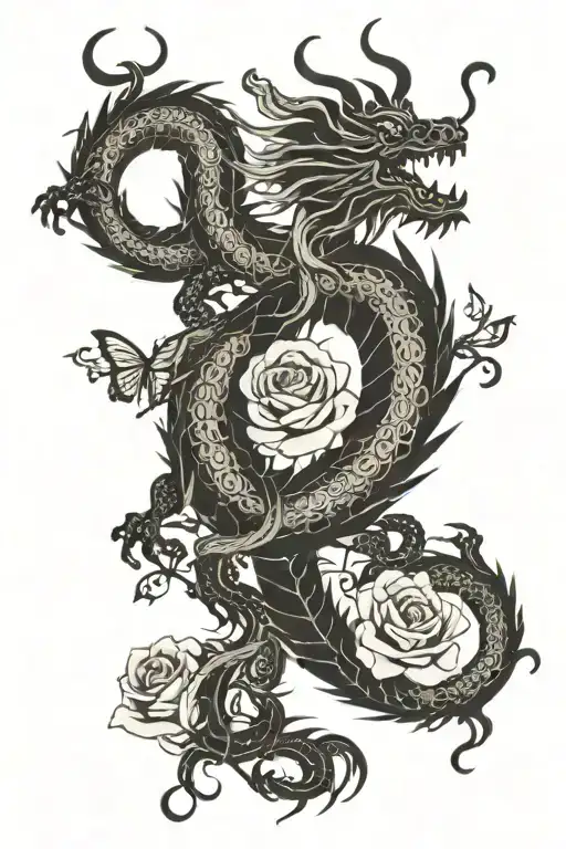 Chinese Dragon With Roses And Butterflies Flying