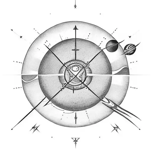 Saggitarius Arrow And 9 Planets With Sun And A Sign Of A Cross At The Ond Of Arrow