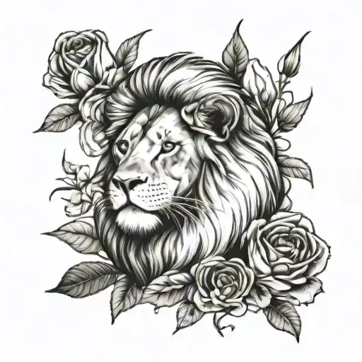 Black And White Lion With Carnation Flowers Behind