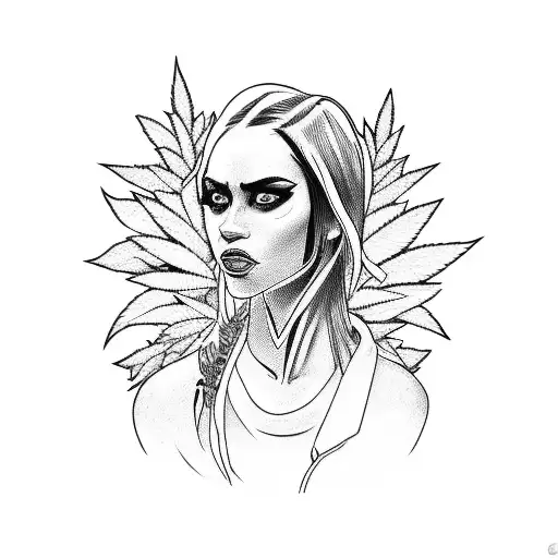 A Fierce Female Race Car Driver Surrounded By Marijuana Leaves