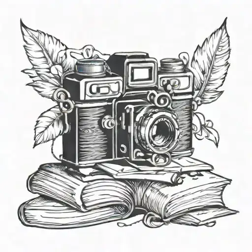 A Tattoo Design Featuring A Vintage Camera Surrounded By Music Notes And A Stack Of Books