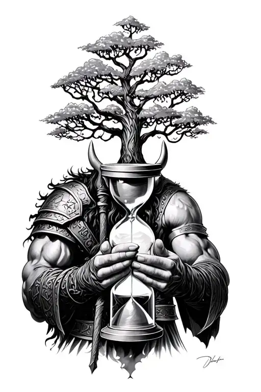 A Viking Warrior Holding An Hourglass With The Tree Of Life Growing Out Of It