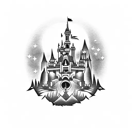 A Tattoo Of A Disney Castle With A Dark Moon In The Background