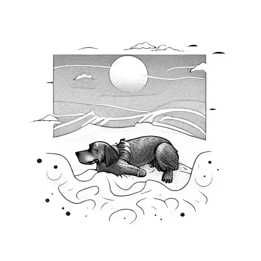 A Serene Beach Scene With Crashing Waves And A Dog Playing In The Sand