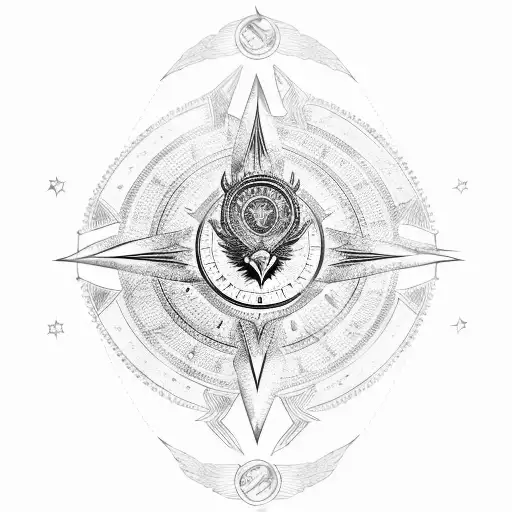 A Blackwork Design Of An Eagle Perched On Top Of A Drafting Compass