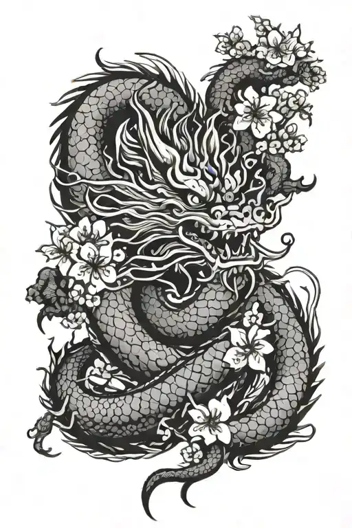 Japanese Dragon With Cherry Blossoms And A Vertical Chinese Quote On The Left