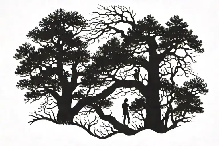 Blakened Pine Trees With Tree Climber Reaching