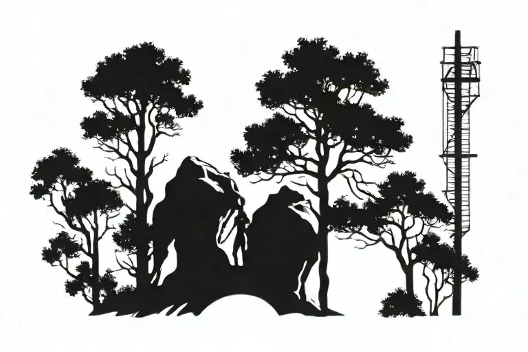 Blakened Pine Trees With Tree Climber Scaling