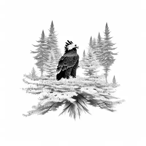 Eagle On Branch With Pine Trees And Mountain