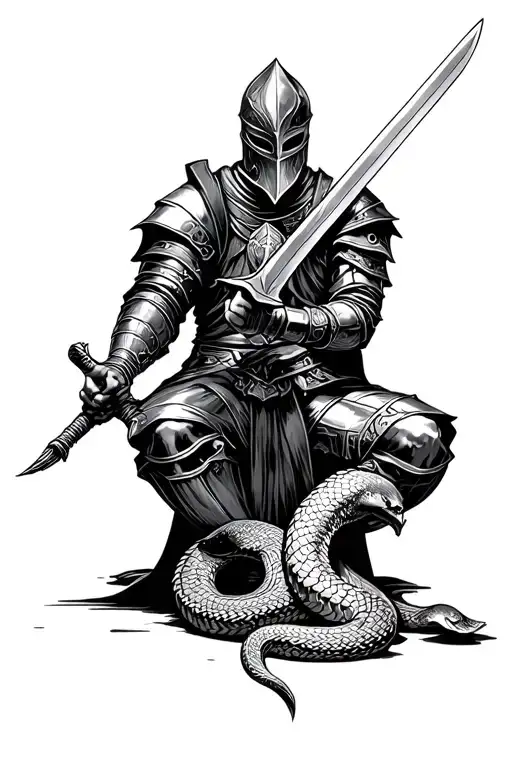 Sitting Knight Who Pierces 1 Snake With His Sword