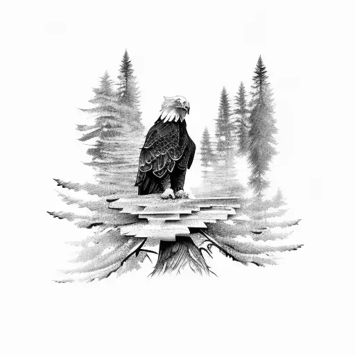 Eagle With Pine Trees And Mountain In Background