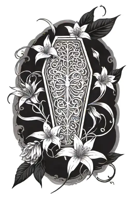 Coffin With Three Of Swords In The Middle With Spider Lily Flowers