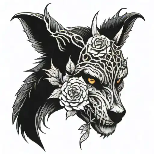 A Wolf Dragon Intertwined With A Skull Wearing Roses