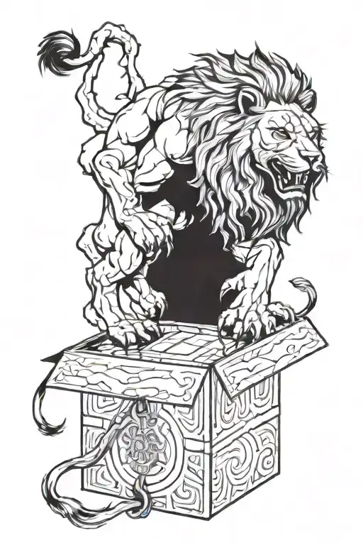 Lion Standing Over Box With Box Opening And Demonic Hands Starting To Come Out From Inside The Box