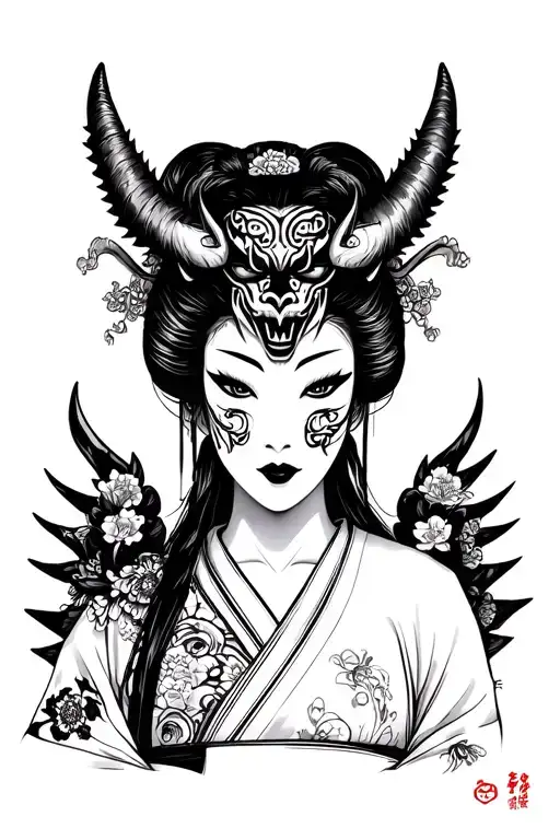 Japanese Geisha Portrait With Oni Demon Mask Holding