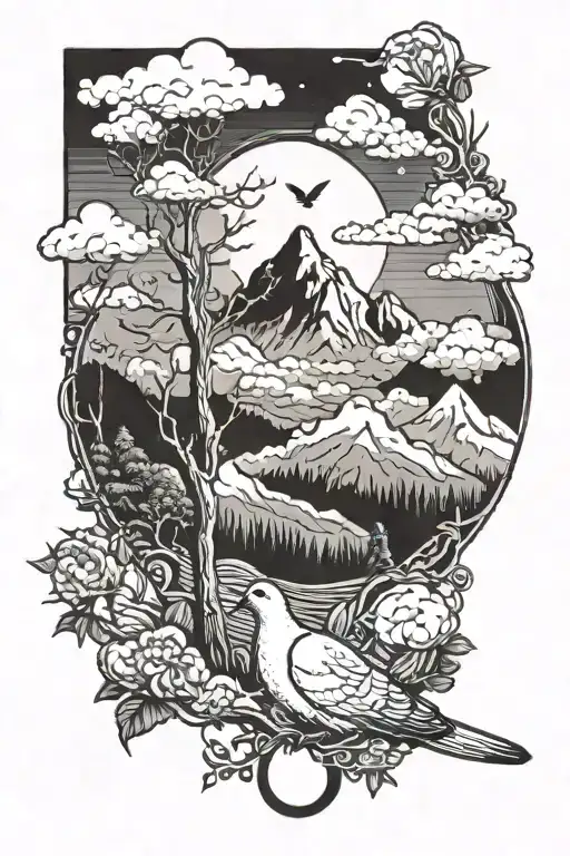 Trees And Mountains And Clouds In Background With A Dove In The Background