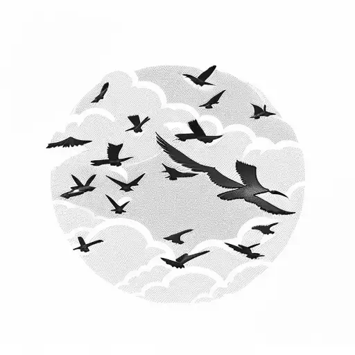 A Flock Of Birds Soaring Through A Sunset-lit Sky Over A Serene Mountain Landscape