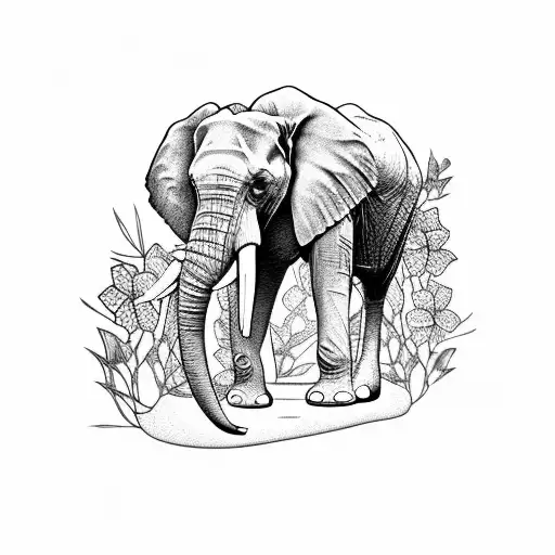 African Elephant With Lily Flowers Around Its Feet