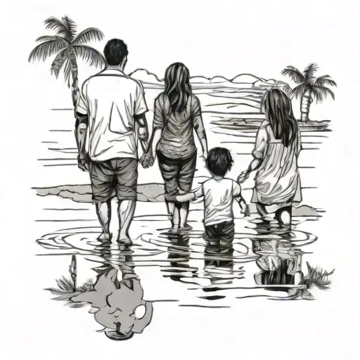 An Family Of One Child They Need To Be Black And Two Parents In Beach With Reflection