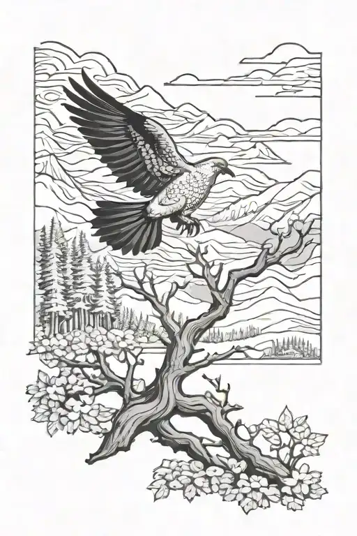 Trees And Mountains In Background With A Dove In The Background