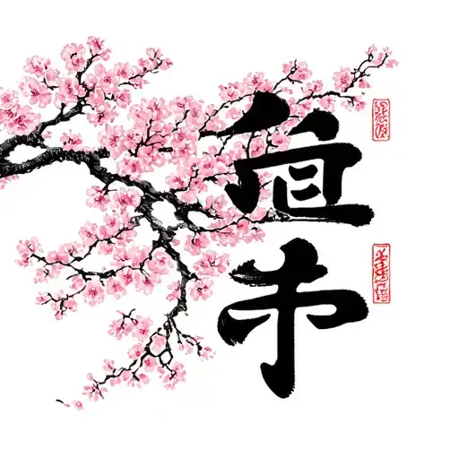 Love Kanji Brushtroke Style Surrounded By Sakura Trees