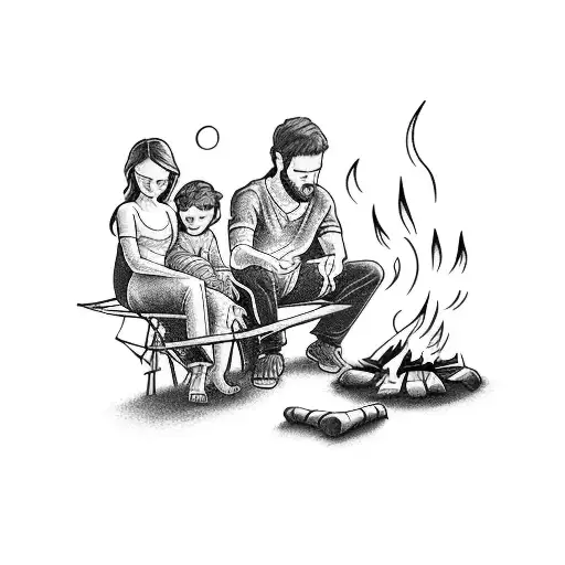 A Family Gathering Around A Campfire On A Tropical Beach