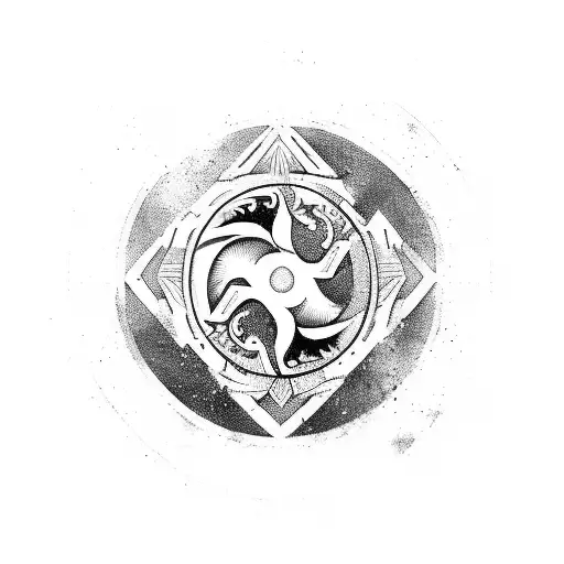 A Yin Yang Symbol Incorporating Elements Of Military Gear And Weaponry