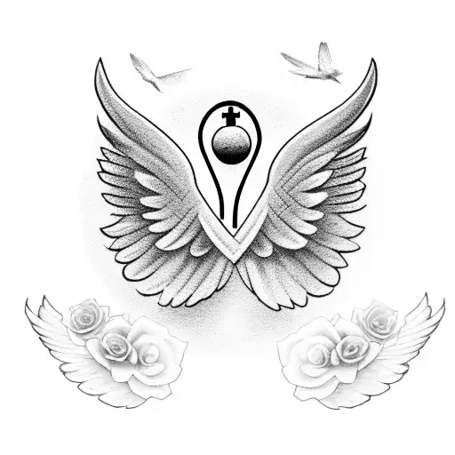 Angel Wings With Rose And Doves And Clock