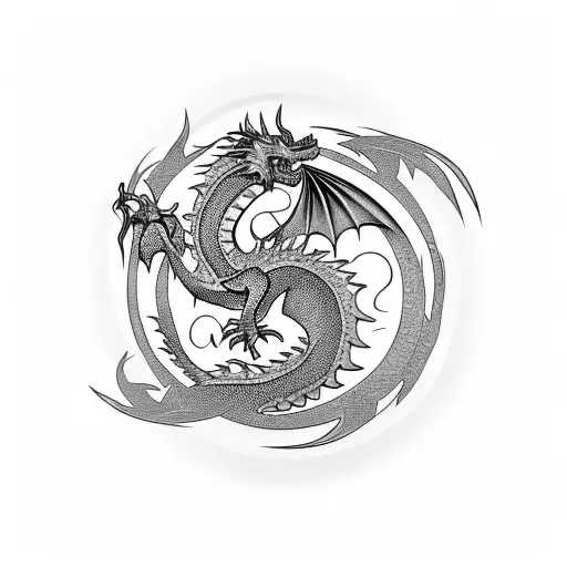 Tribal Flames With Dragon In Background