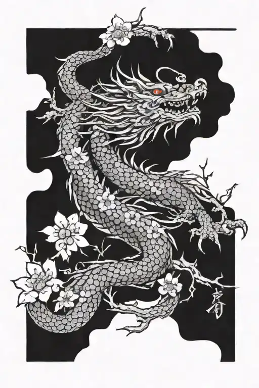 Japanese Dragon With Cherry Blossoms And A Chinese Vertical Line On The Left