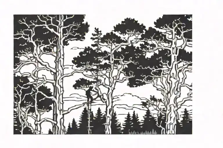 Blakened Pine Trees With Tree Climber Scaling