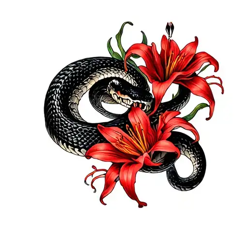 Dark Snake With Spider Red Lilies