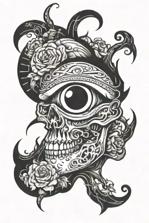 Eye With Dark Scenery And Skull