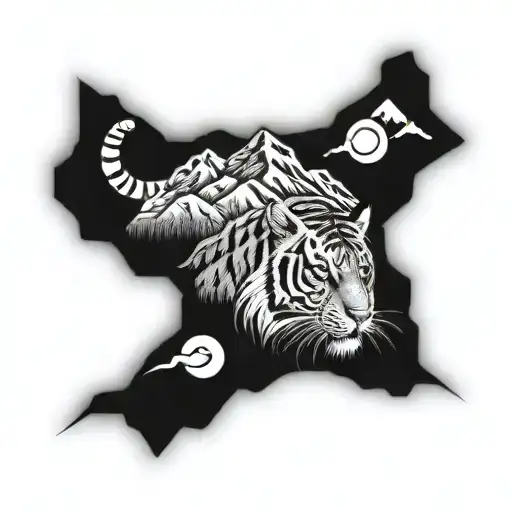 Tattoo With Mountain And Ocean And With Hindu Symbolic And Tiger