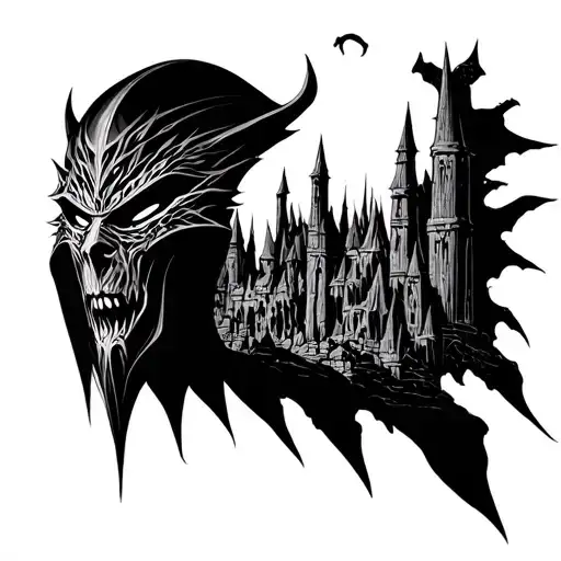 Nazgul Mask With Minas Morgul In Background Black