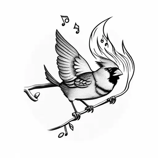 Cardinal On Branch With Flame Around And Music Coming From Flame