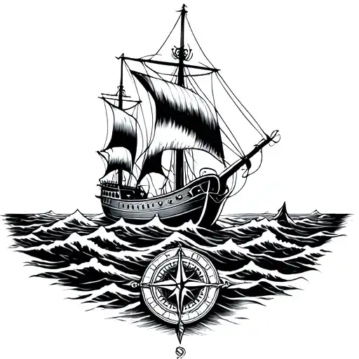 Viking Longship Sailing Through Stormy Seas With A Vegvisir Compass Guiding The Way