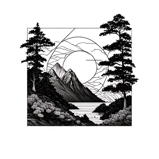 A Geometric Blackwork Design Incorporating Elements Of Nature And Table Mountain