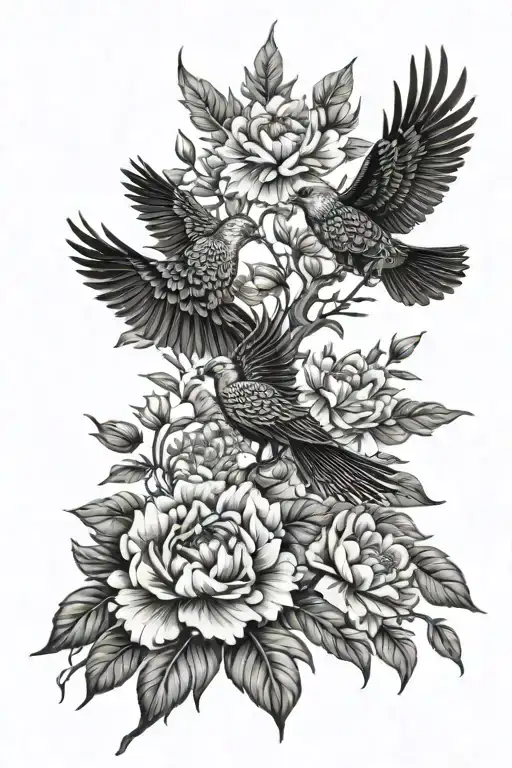 Tree And Peonies And Bird Of Prey Soaring High